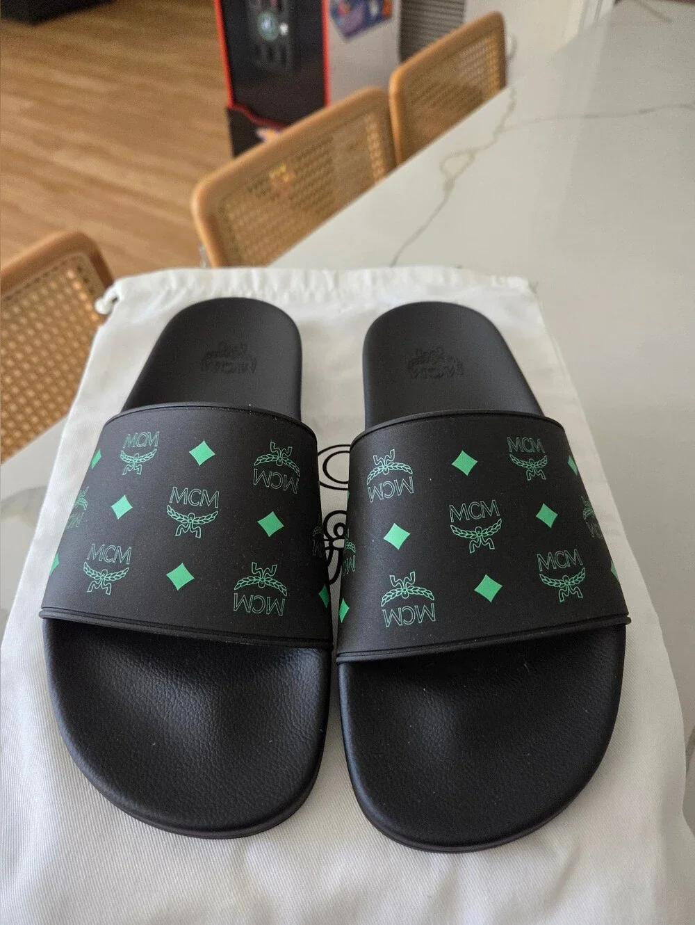 MCM Black Slide Sandals with Green Logo Print